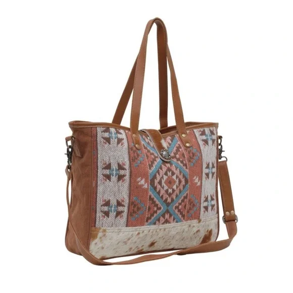 Myra Bag Tori Tote Aztec Native Weave Hair Hide Brown Canvas Tote NWT - Picture 14 of 16